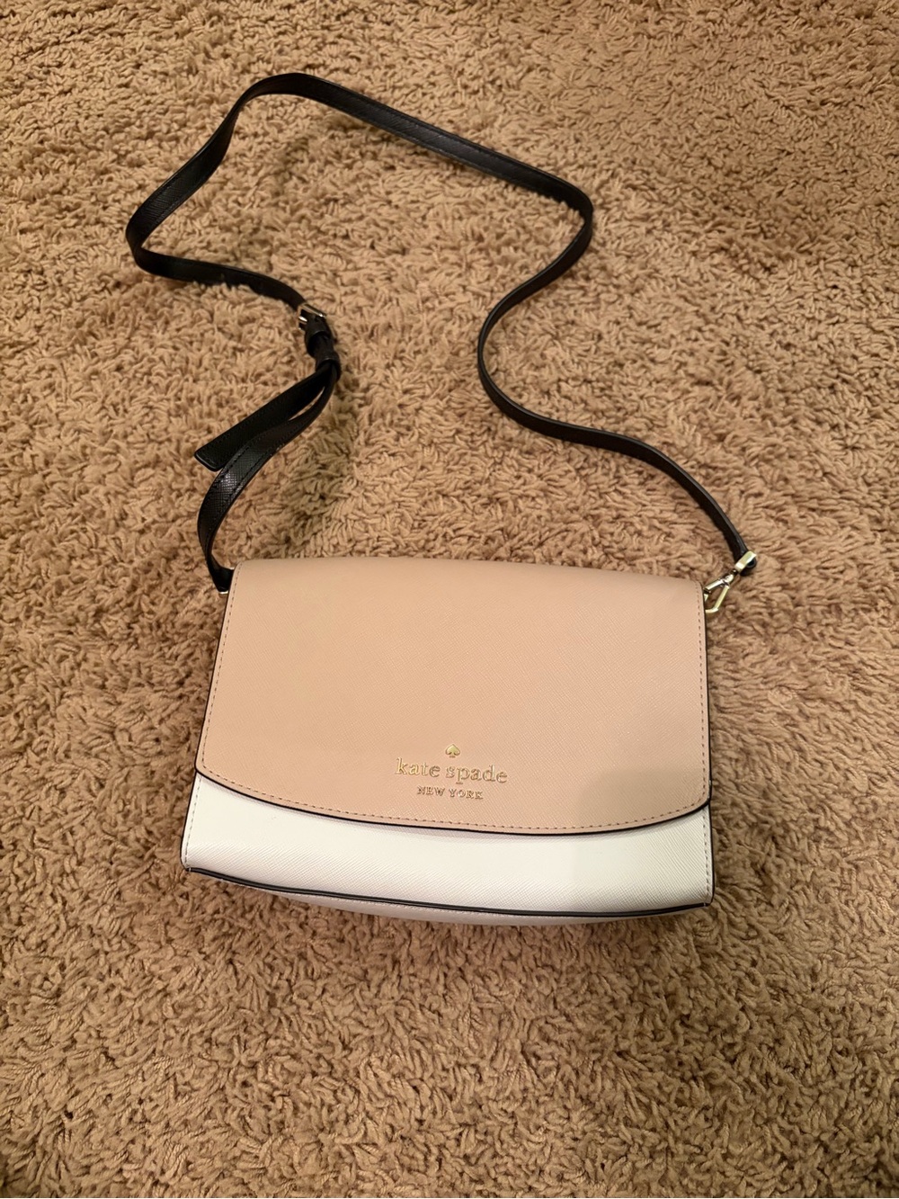 kate spade Tan and White Crossbody with Black Strap